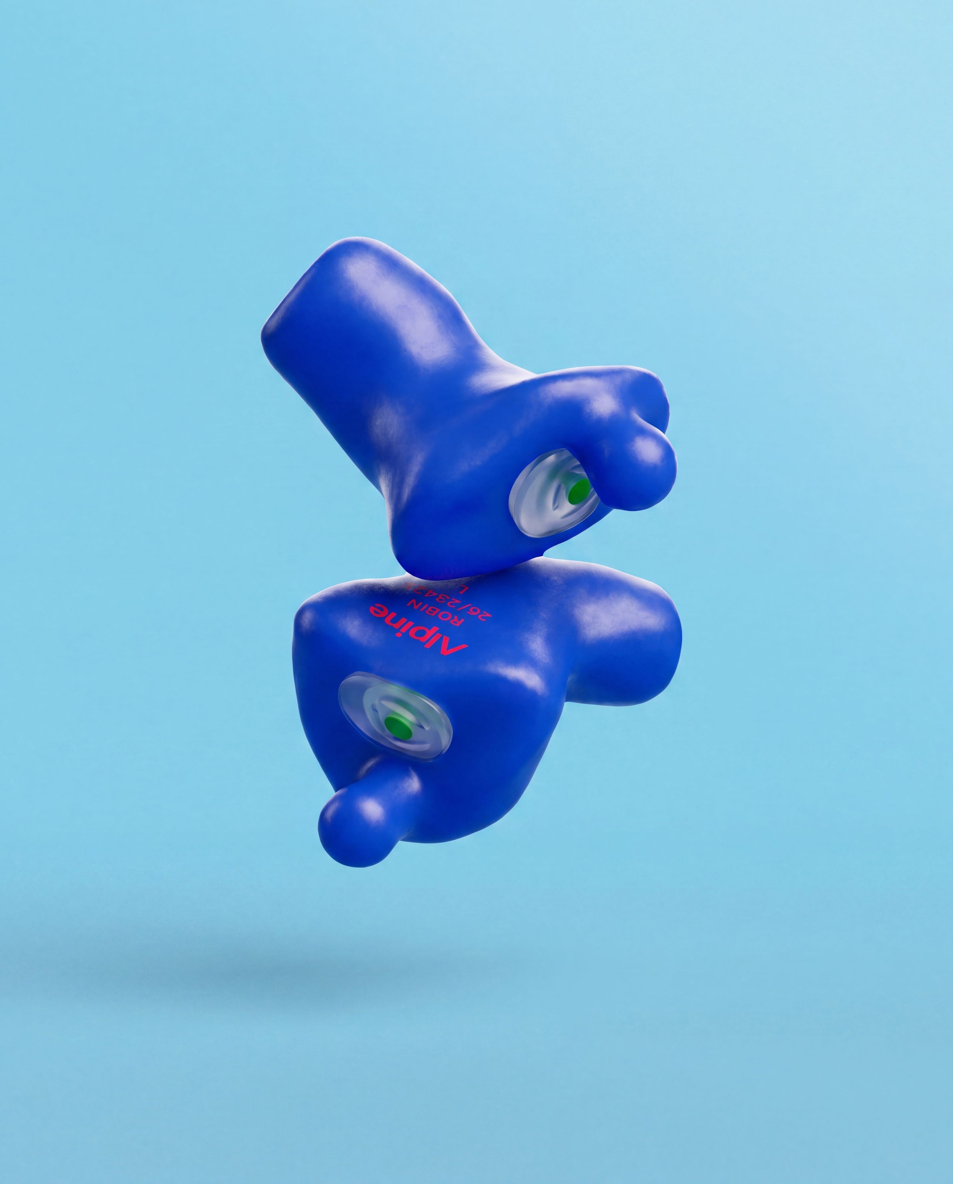 Pair of Alpine Xtreme Custom Blue earplugs with green filters, floating against a light blue background