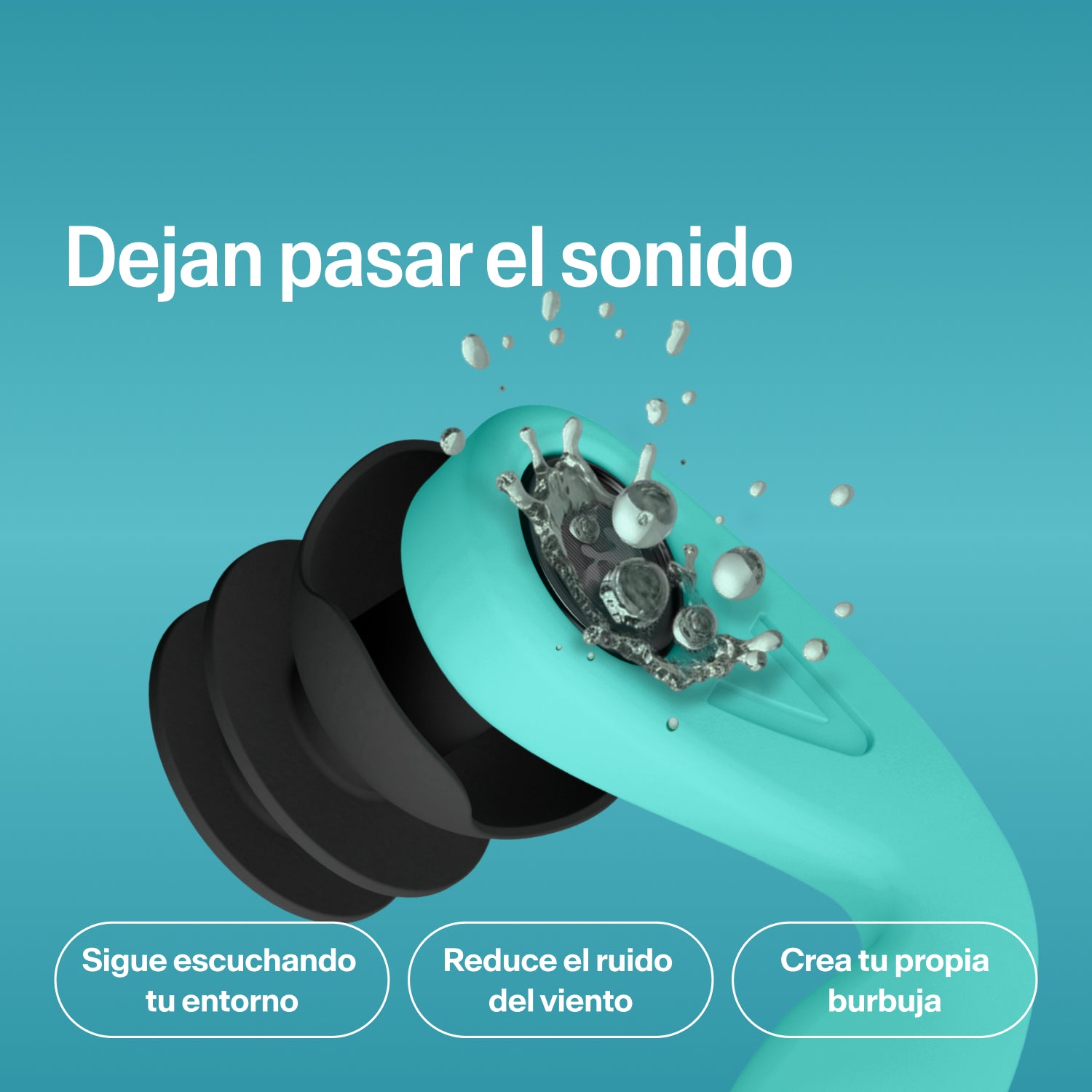 Primer plano de un tapón Alpine WaterSafe con gotas de agua, texto «Dejan pasar el sonido», con tres ventajas: oír el entorno, menos ruido del viento y tu propia burbuja