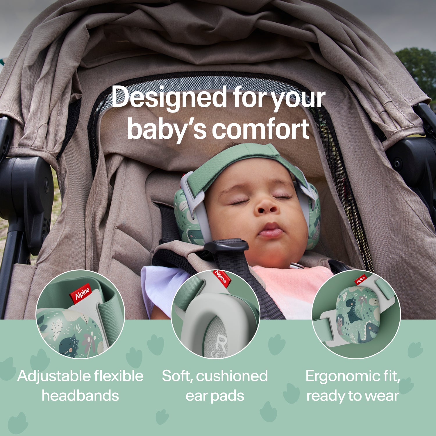 Sleeping baby wearing dinos Alpine ear muffs in stroller, adjustable headband and soft ear pads