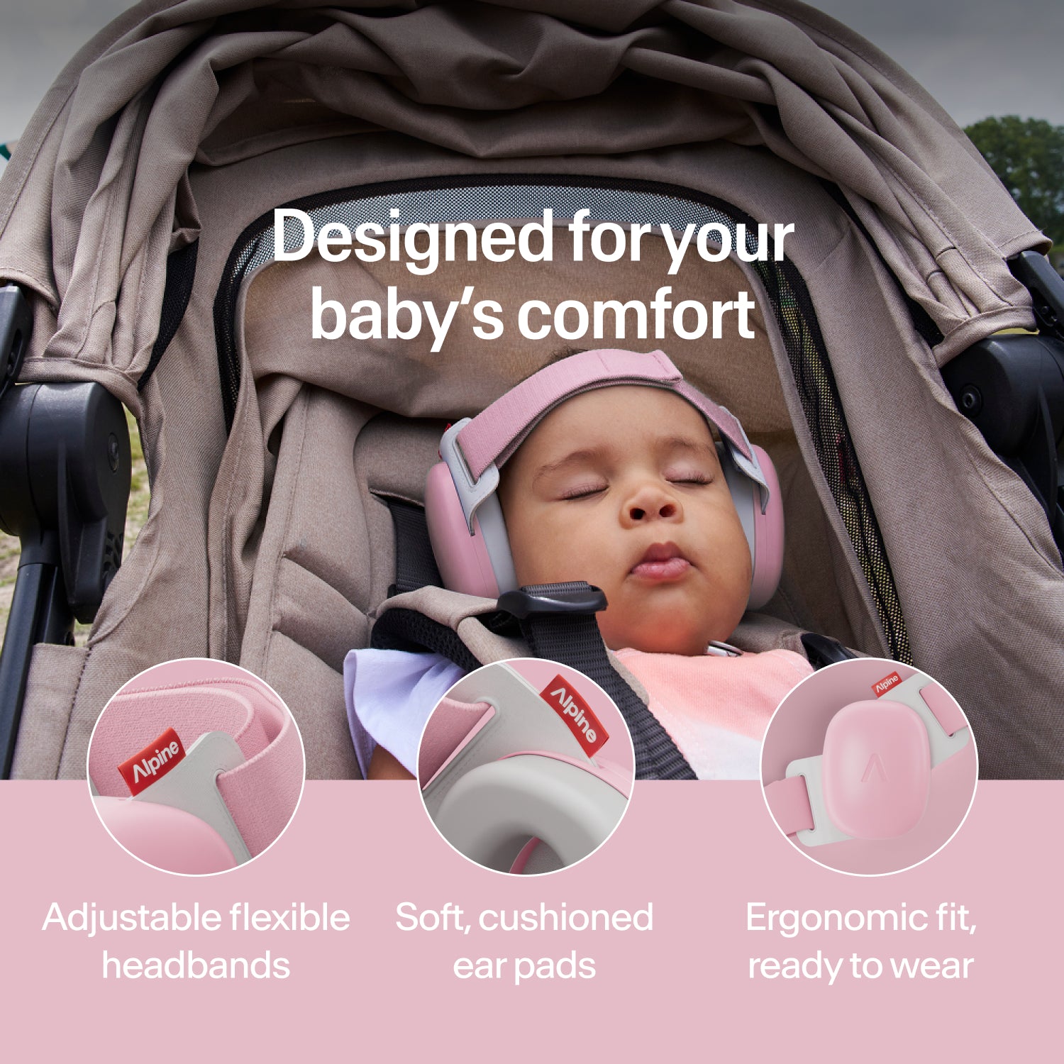 Sleeping baby wearing rose-pink Alpine ear muffs in stroller, adjustable headband and soft ear pads