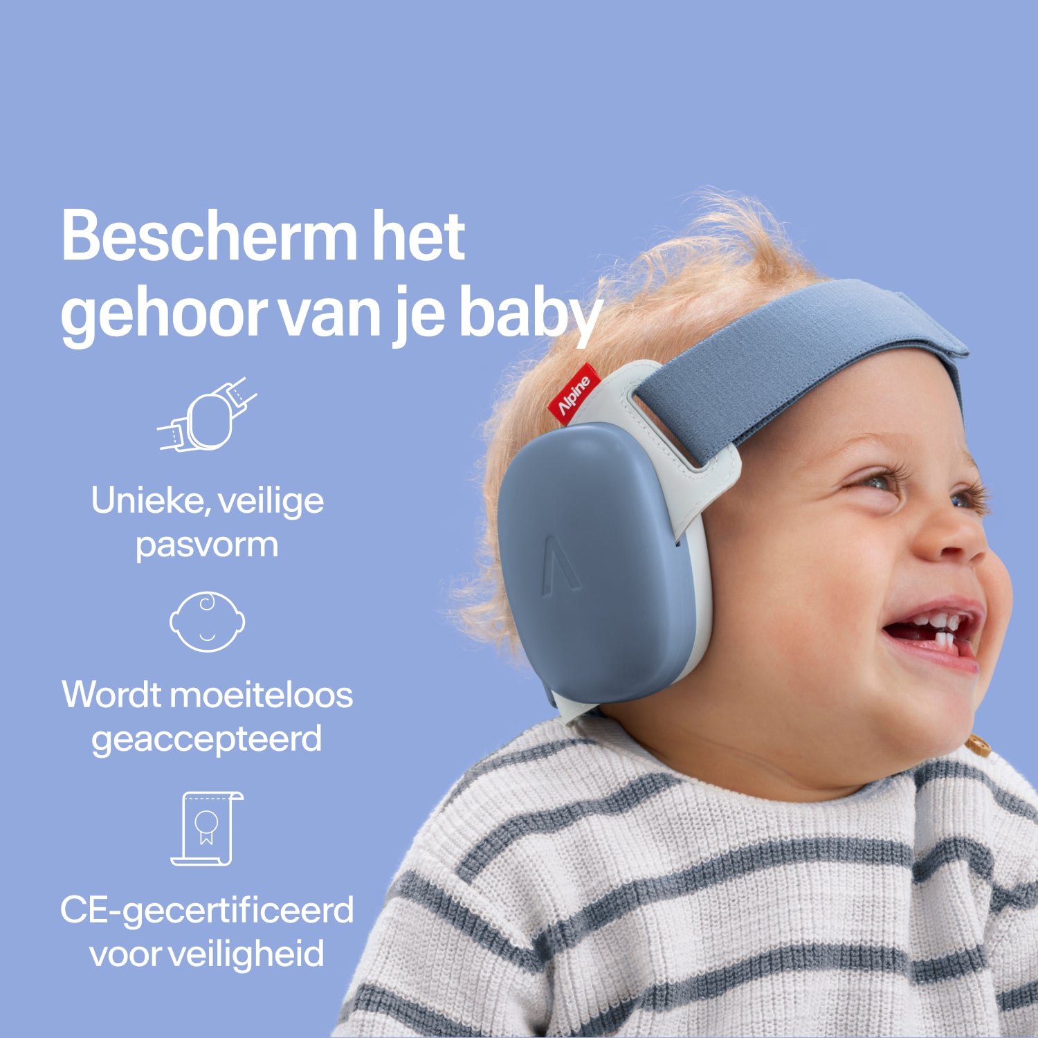Blije baby draagt blue Alpine oorkappen met stevige pasvorm, CE-gecertificeerde gehoorbescherming