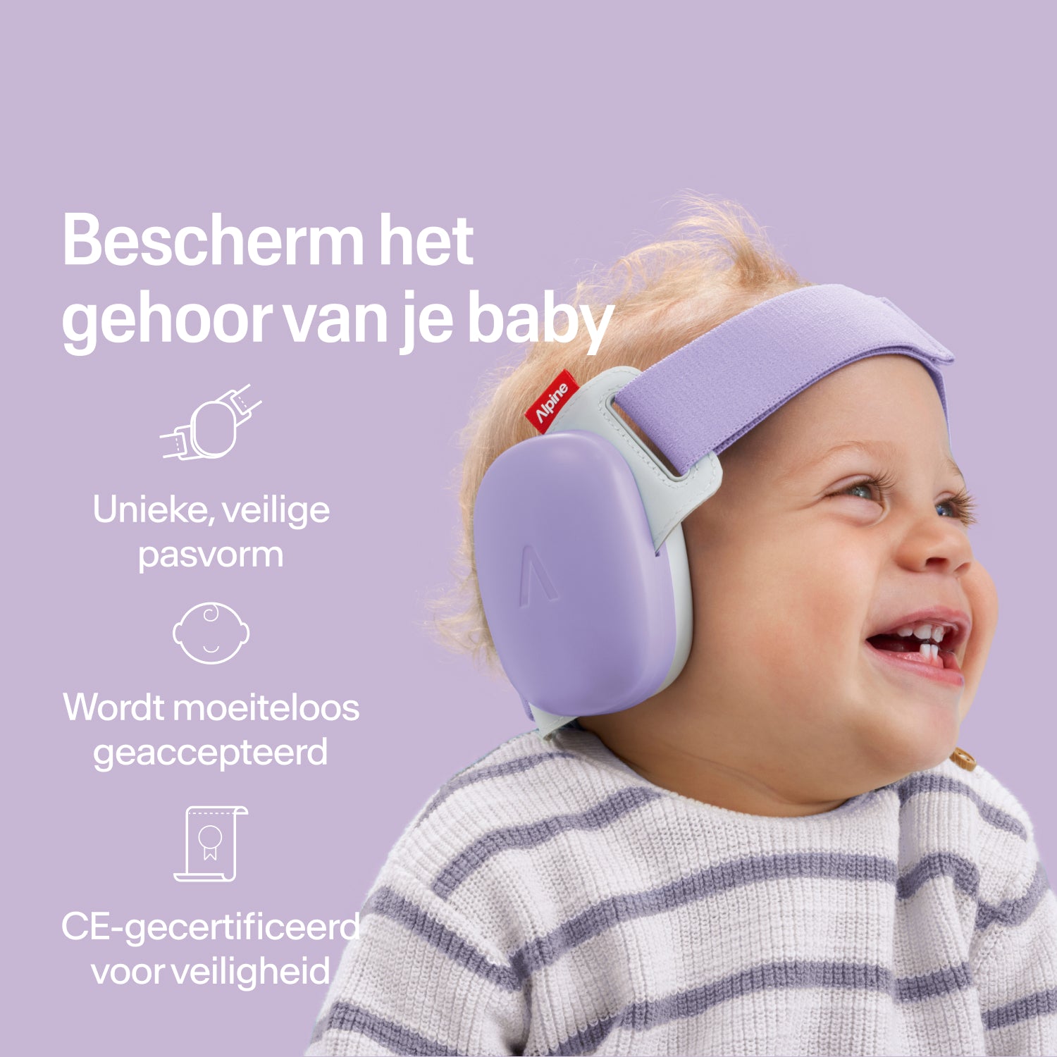 Blije baby draagt dawn-purple Alpine oorkappen met stevige pasvorm, CE-gecertificeerde gehoorbescherming