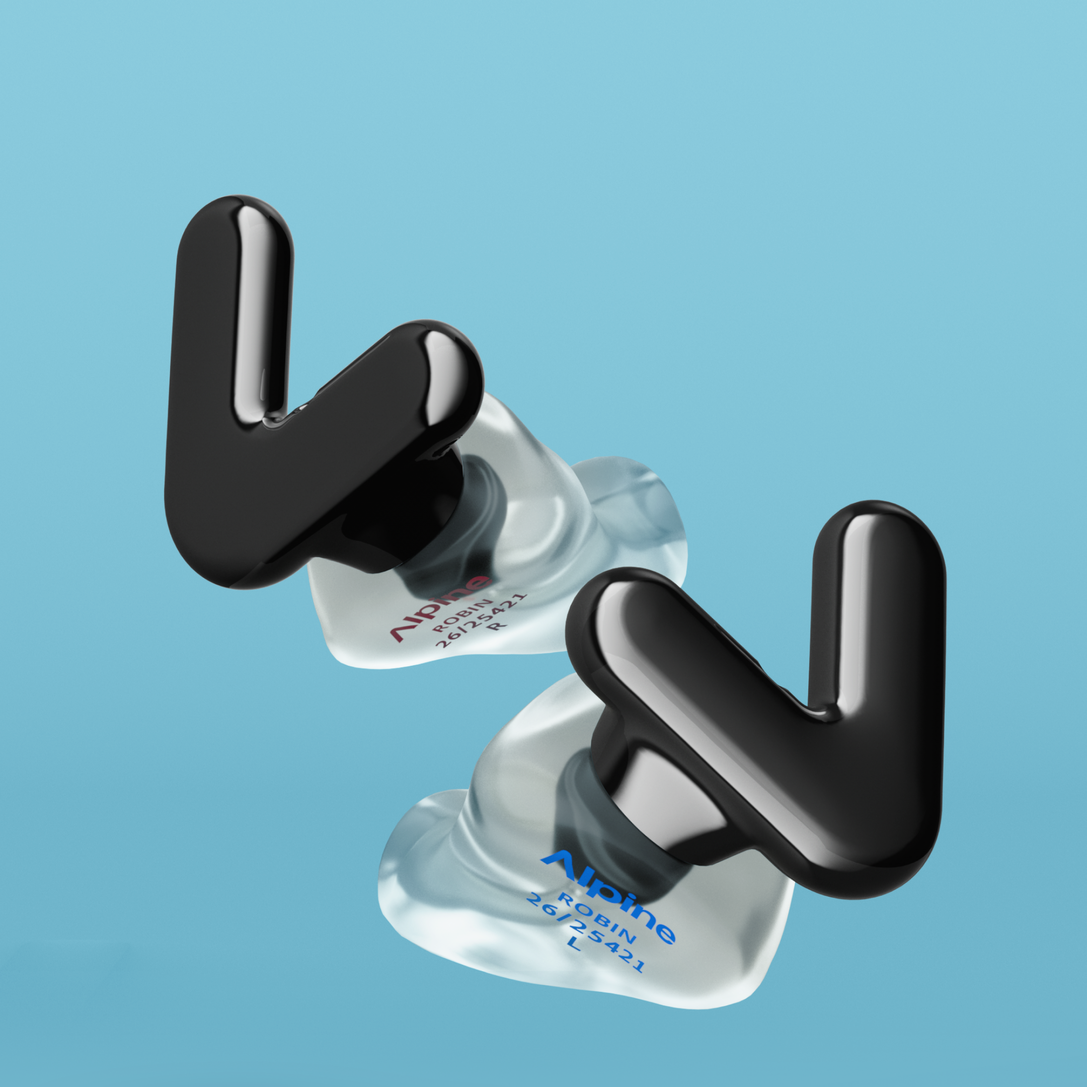 Pair of Alpine Tune Custom Black earplugs on transparent ear pieces, floating against a light blue background