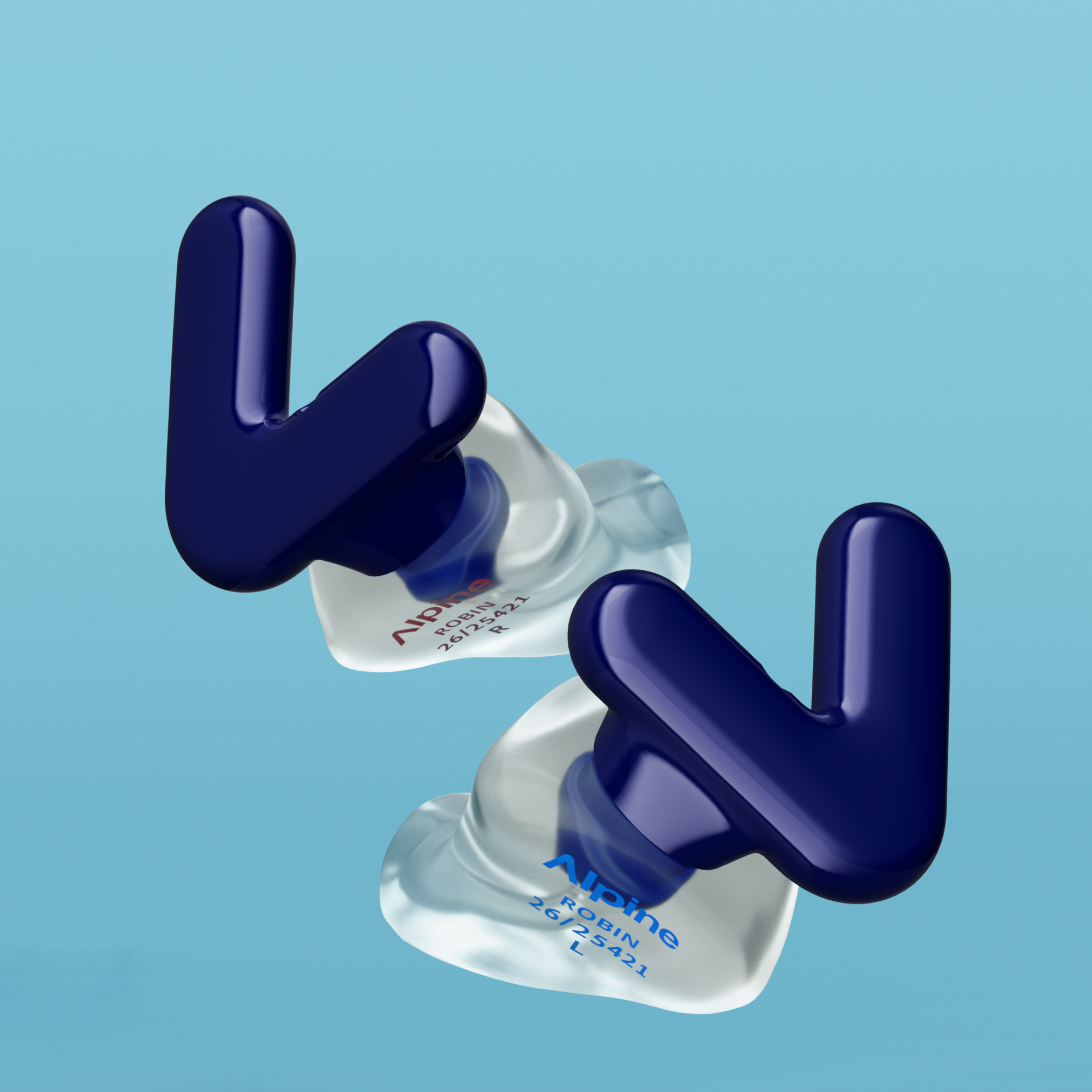 Pair of Alpine Tune Custom Dark Blue earplugs on transparent ear pieces, floating against a light blue background