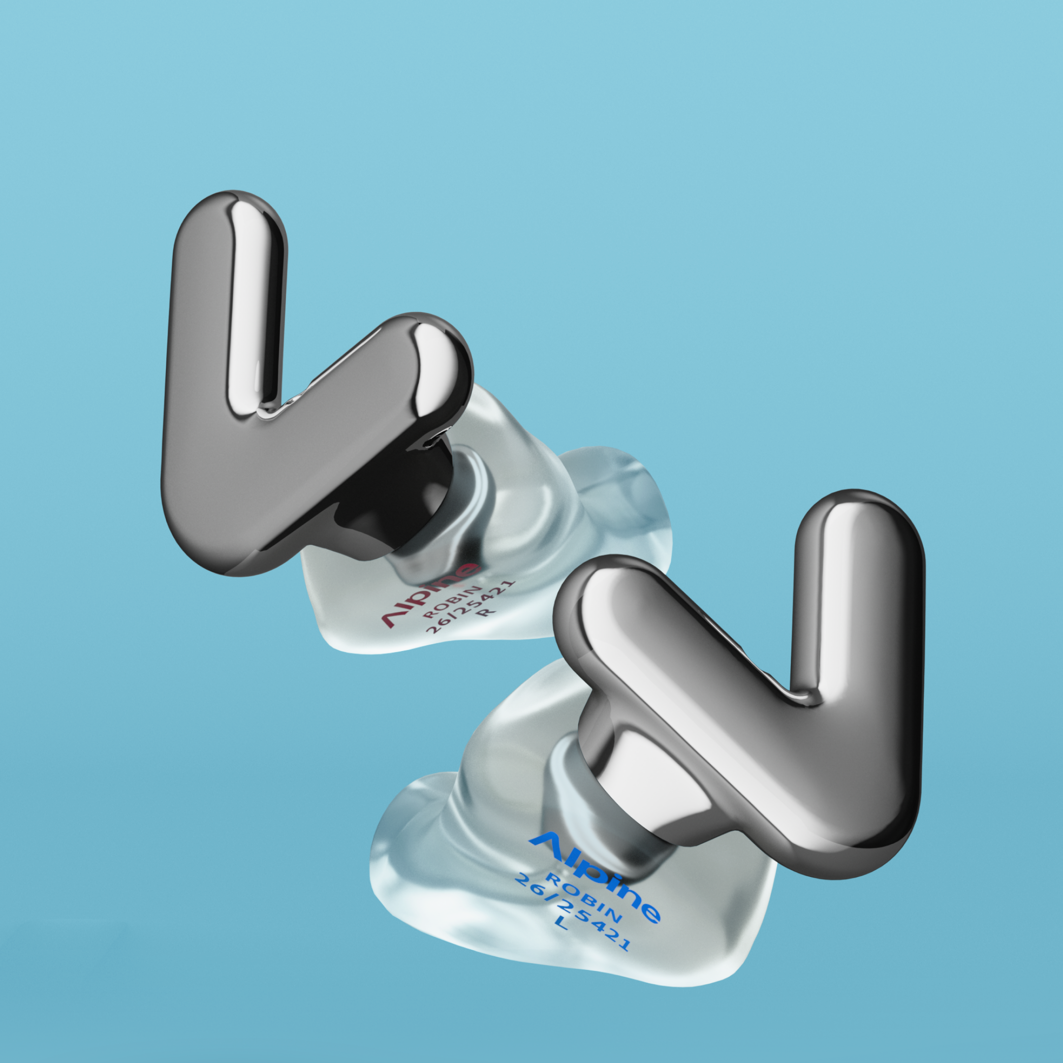 Pair of Alpine Tune Custom Silver earplugs on transparent ear pieces, floating against a light blue background