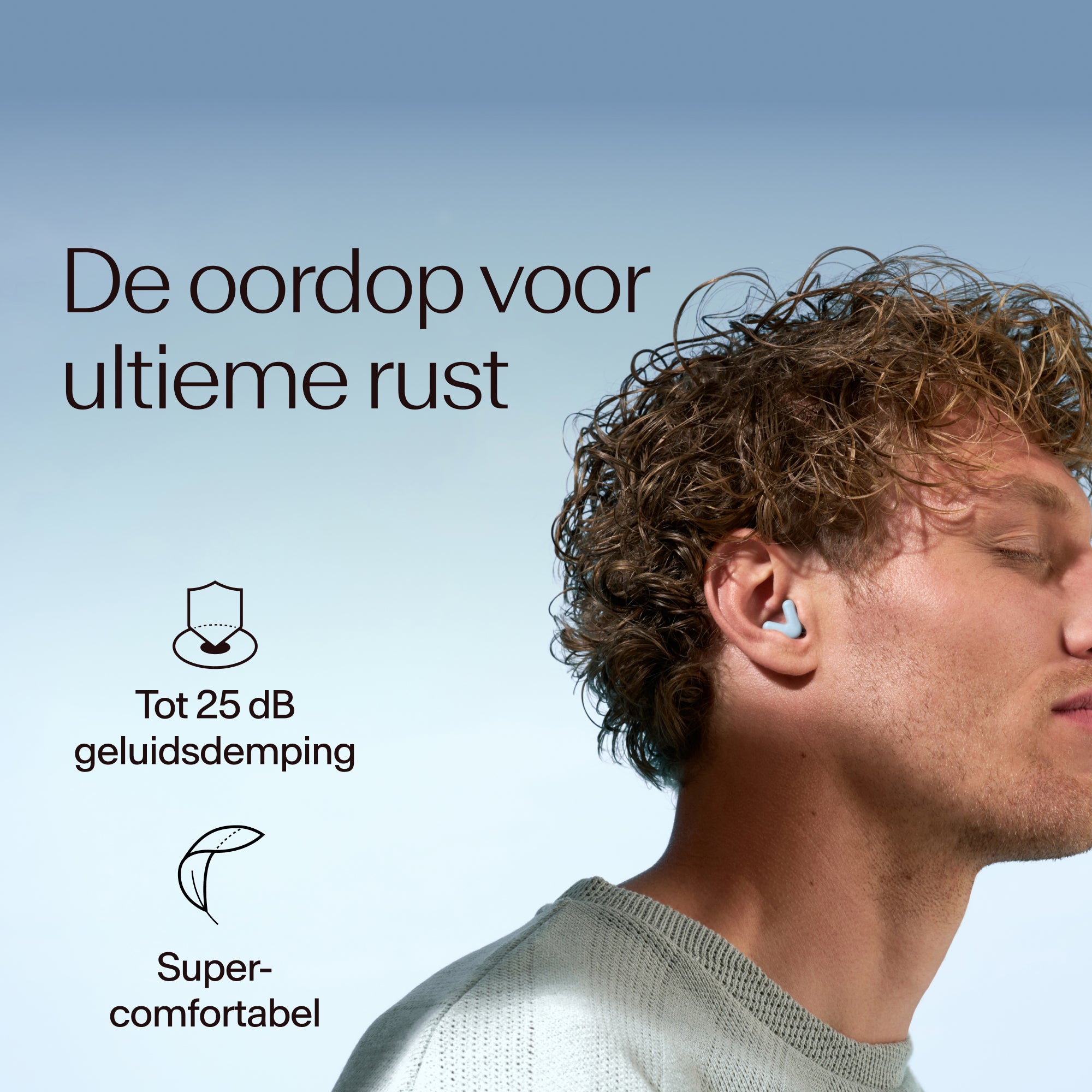 Man wearing earplugs with product features highlighted on a blue background