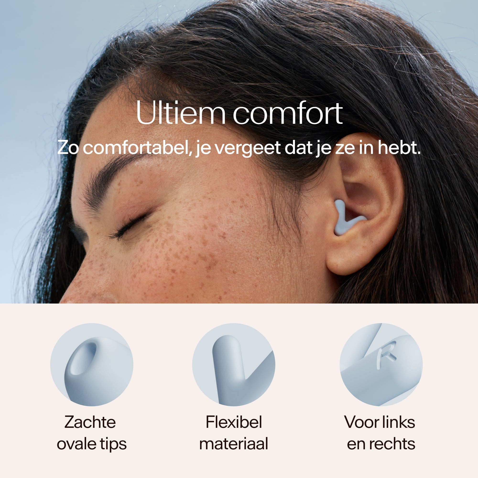 Close-up of a person wearing earplugs with text about comfort and product features