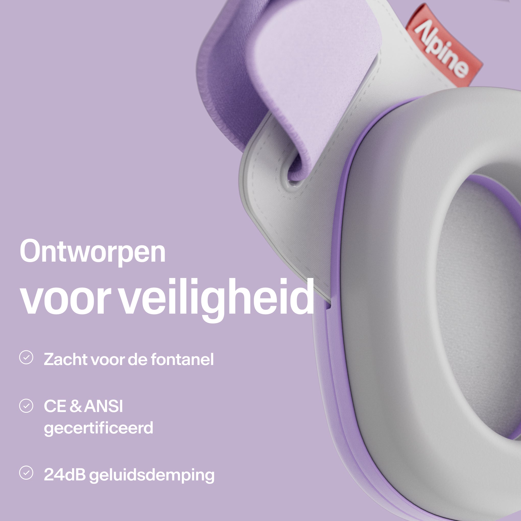 Close-up Alpine Muffy Baby in dawn purple met uitleg over productveiligheid