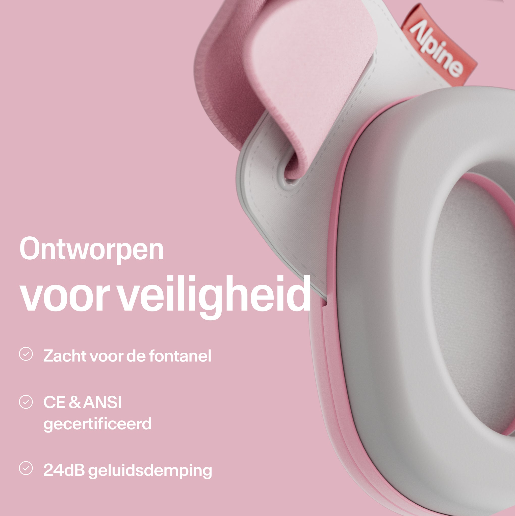 Close-up Alpine Muffy Baby in rose pink met uitleg over productveiligheid