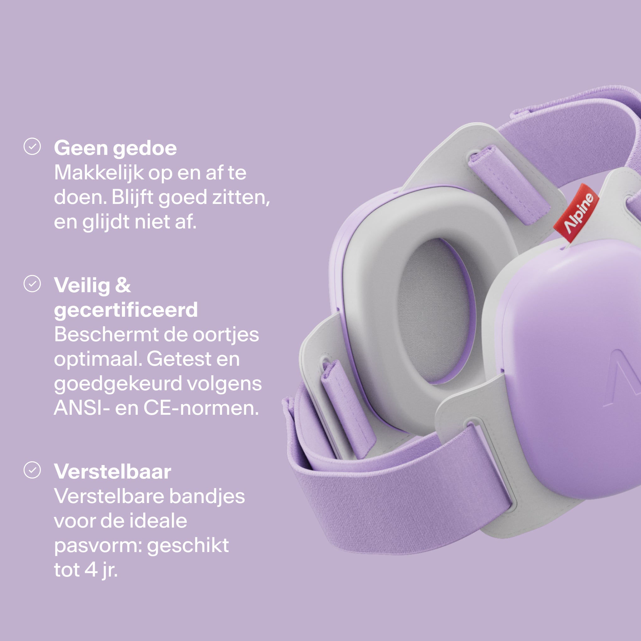 Render Alpine Muffy Baby in dawn purple met drie USPs: kindvriendelijk, bescherming en verstelbaar