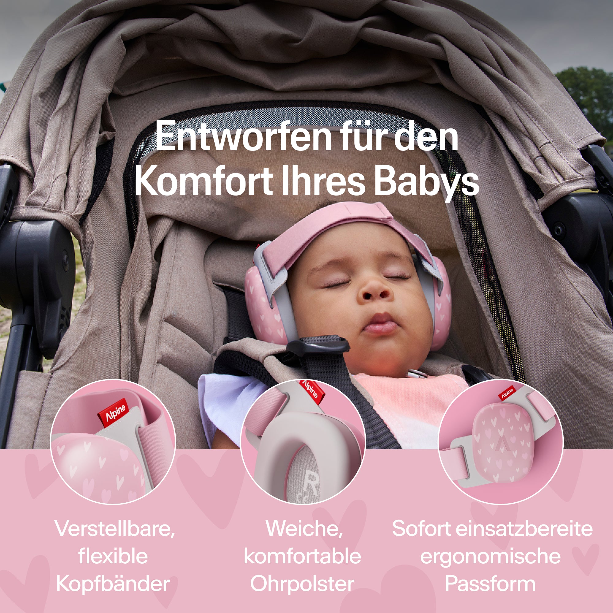 Schlafendes Baby im Kinderwagen mit rosa Alpine Gehörschutz; verstellbares Band, weiche Ohrpolster 