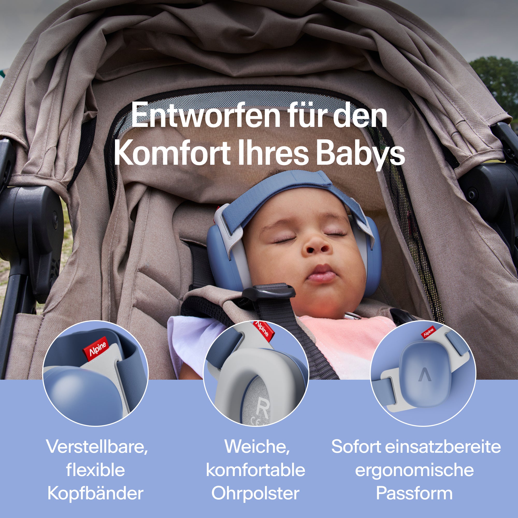 Schlafendes Baby im Kinderwagen mit jeansblauem Alpine Gehörschutz; verstellbares Band, weiche Ohrpolster 