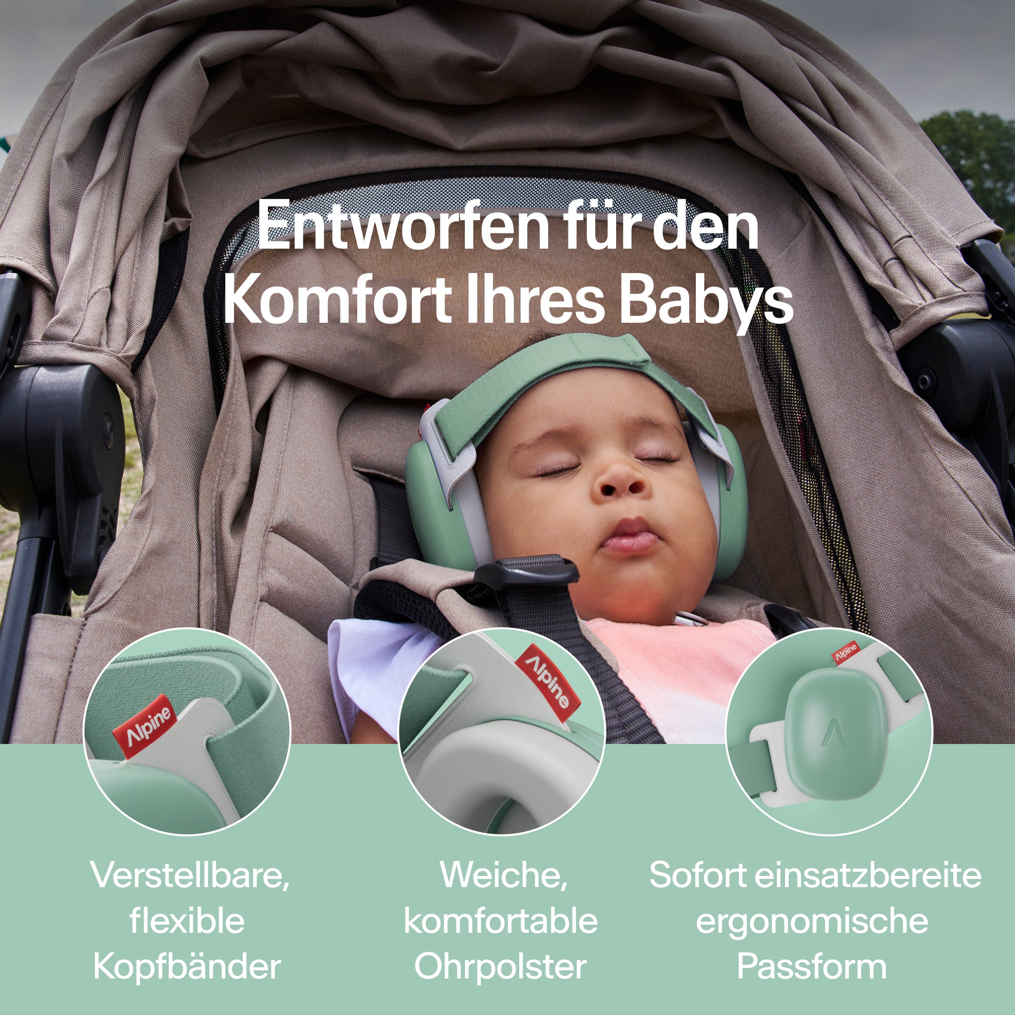 Schlafendes Baby im Kinderwagen mit salbeigrünem Alpine Gehörschutz; verstellbares Band, weiche Ohrpolster 