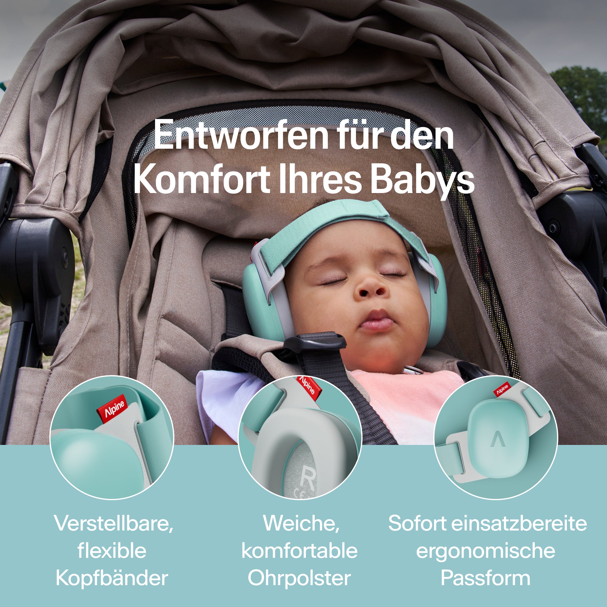 Schlafendes Baby im Kinderwagen mit türkisfarbenem Alpine Gehörschutz; verstellbares Band, weiche Ohrpolster 
