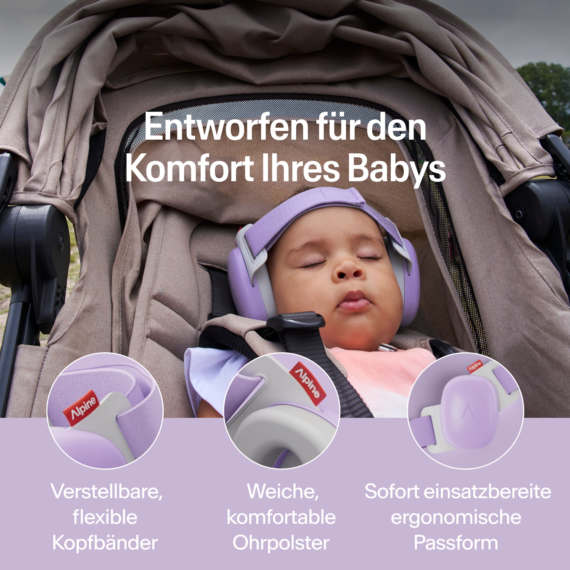 Schlafendes Baby im Kinderwagen mit lila Alpine Gehörschutz; verstellbares Band, weiche Ohrpolster 