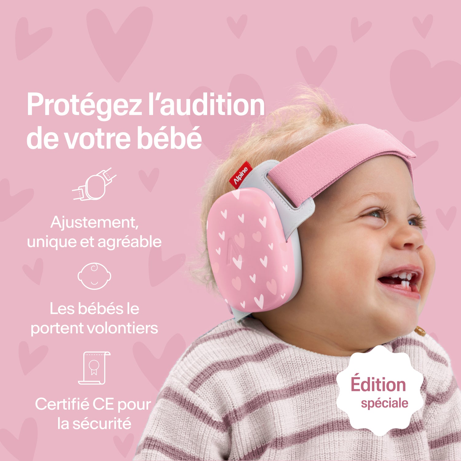Bébé heureux portant des protège-oreilles Alpine hearts, ajustement sécurisé, protection auditive certifiée CE 
