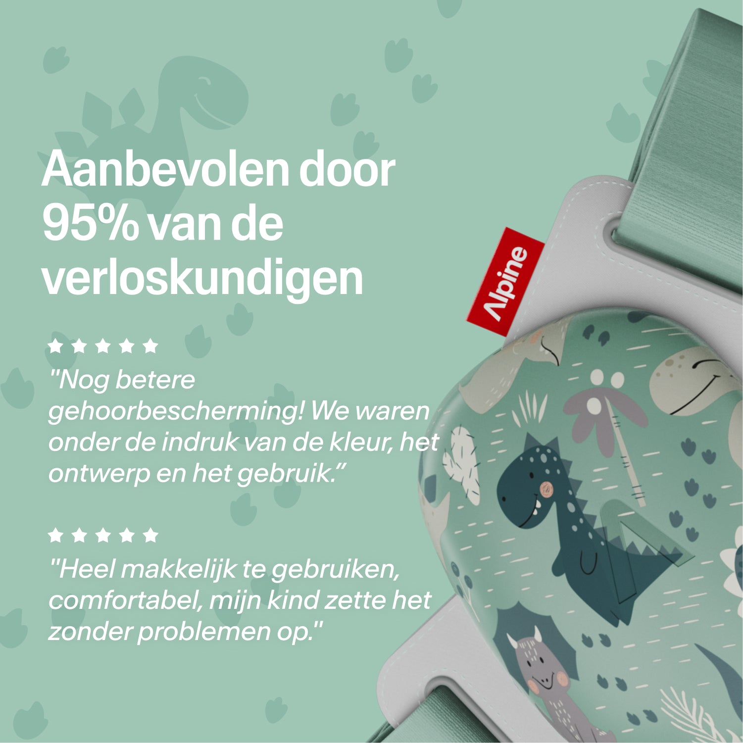 Alpine Muffy dinos oorkappen, aanbevolen door 95% van de verloskundigen, met 5-sterren reviews 