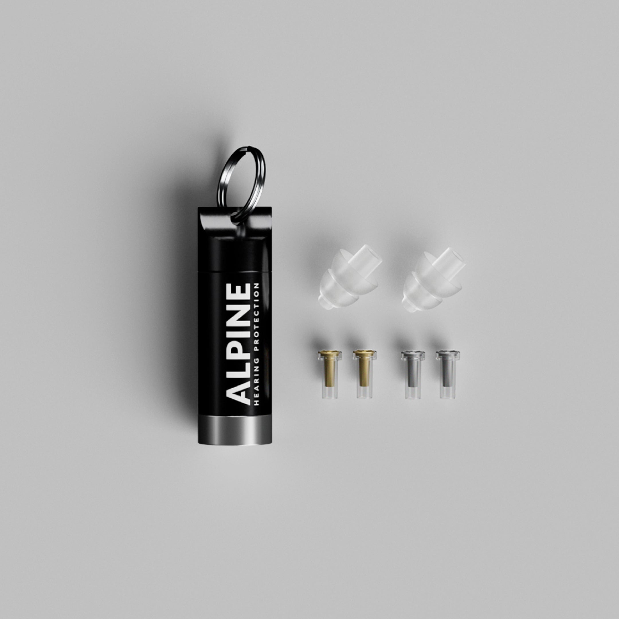 Alpine MusicSafe set with two earplugs, two pairs of filters and black Alpine keychain case 
