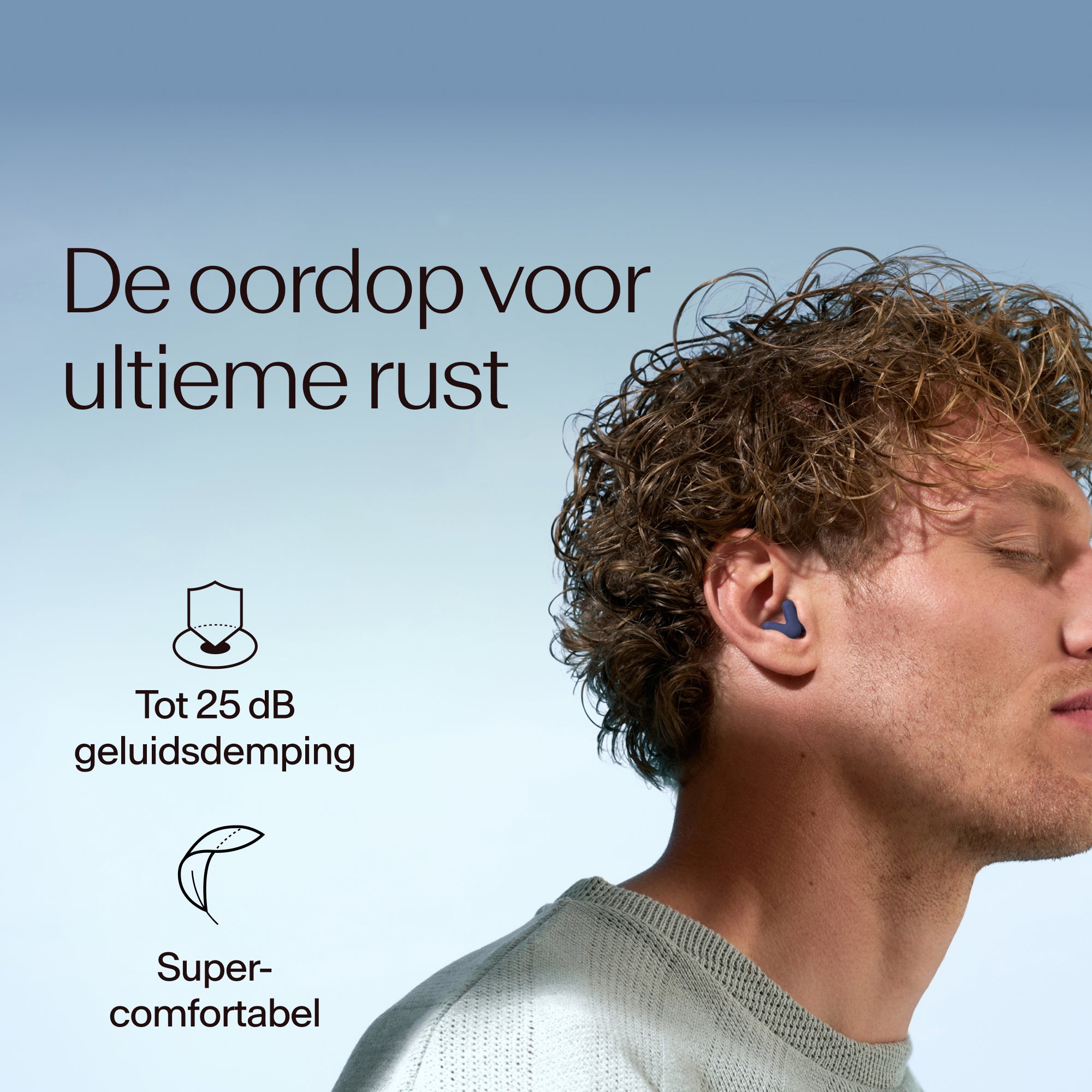 Man wearing earplugs with product features highlighted on a blue background 