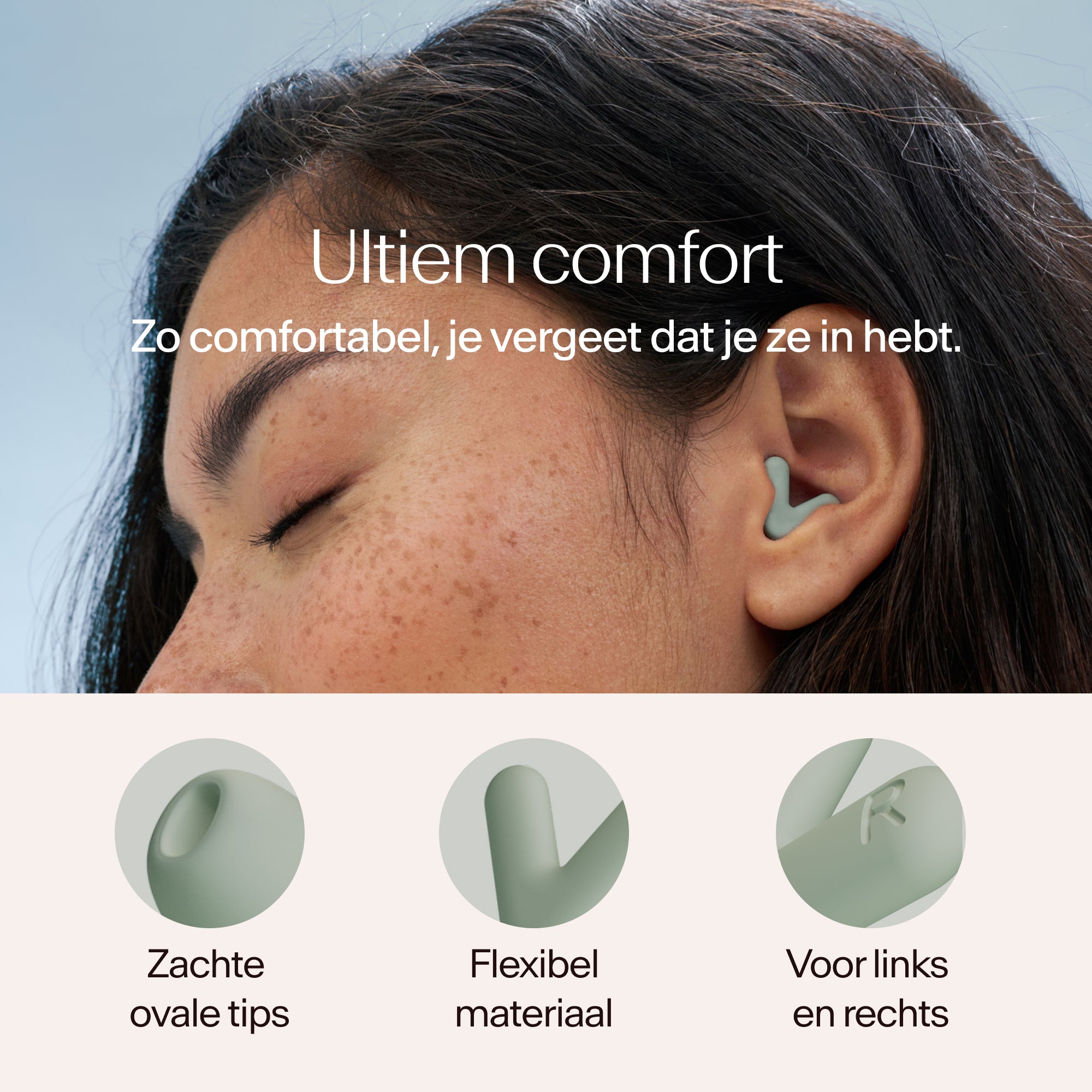 Close-up of a person wearing earplugs with text about comfort and product features #color_green