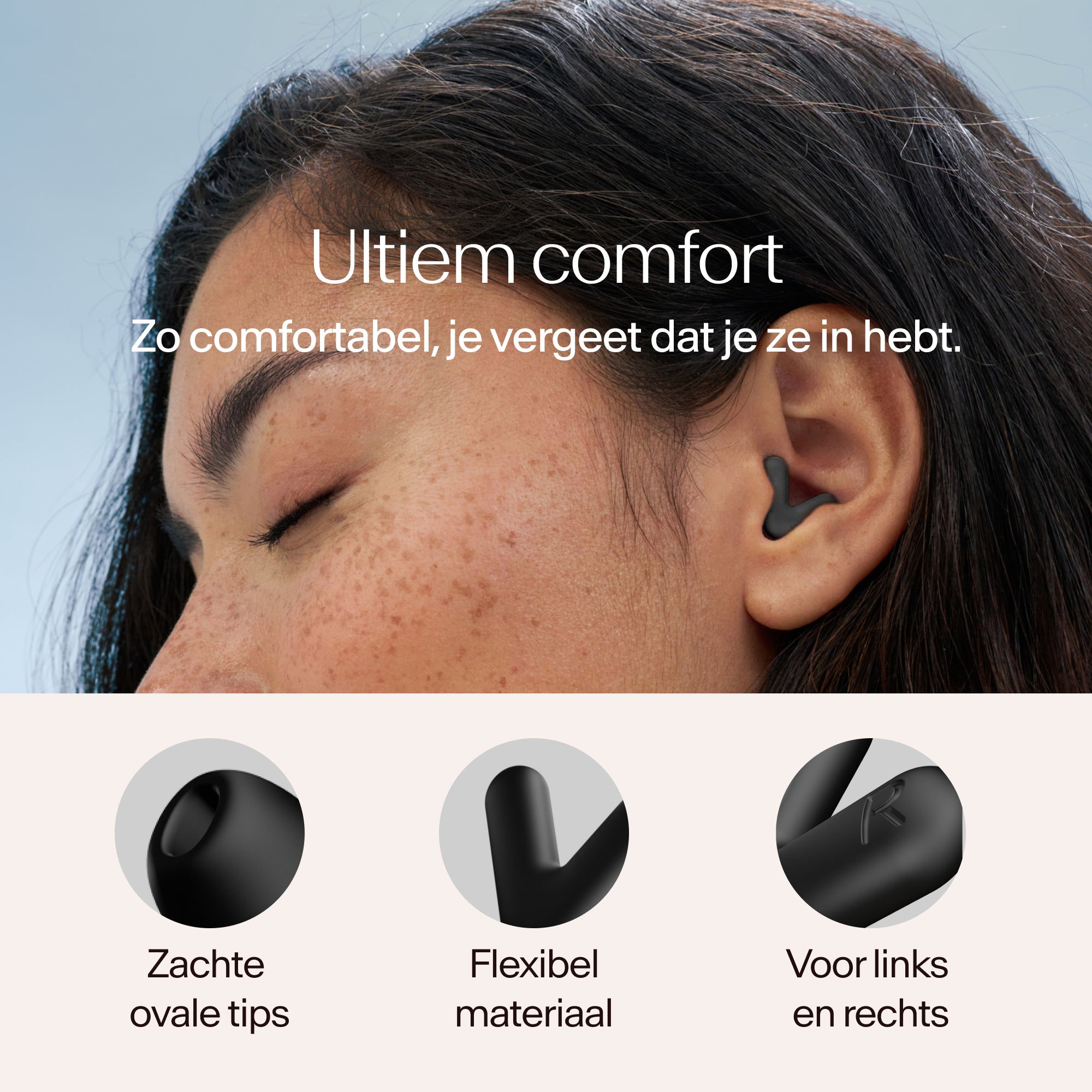 Close-up of a person wearing earplugs with text about comfort and product features 