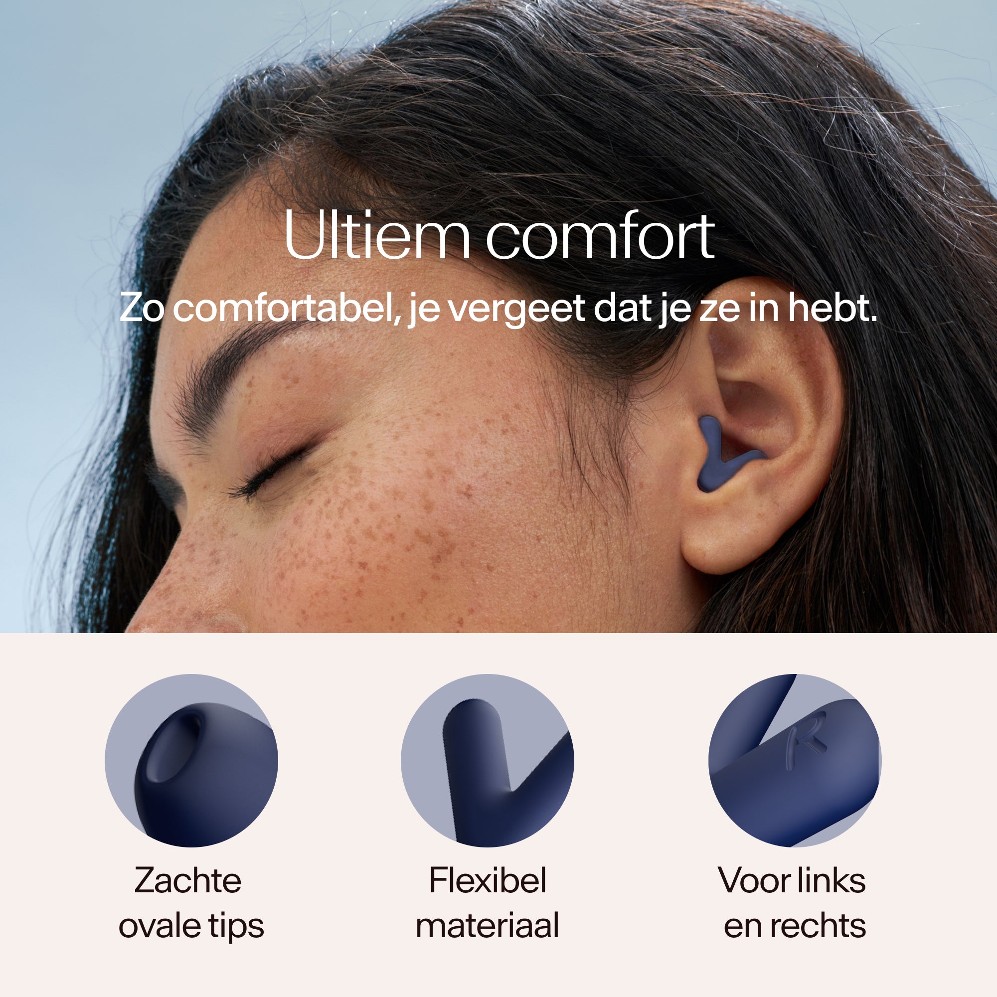 Close-up of a person wearing earplugs with text about comfort and product features 