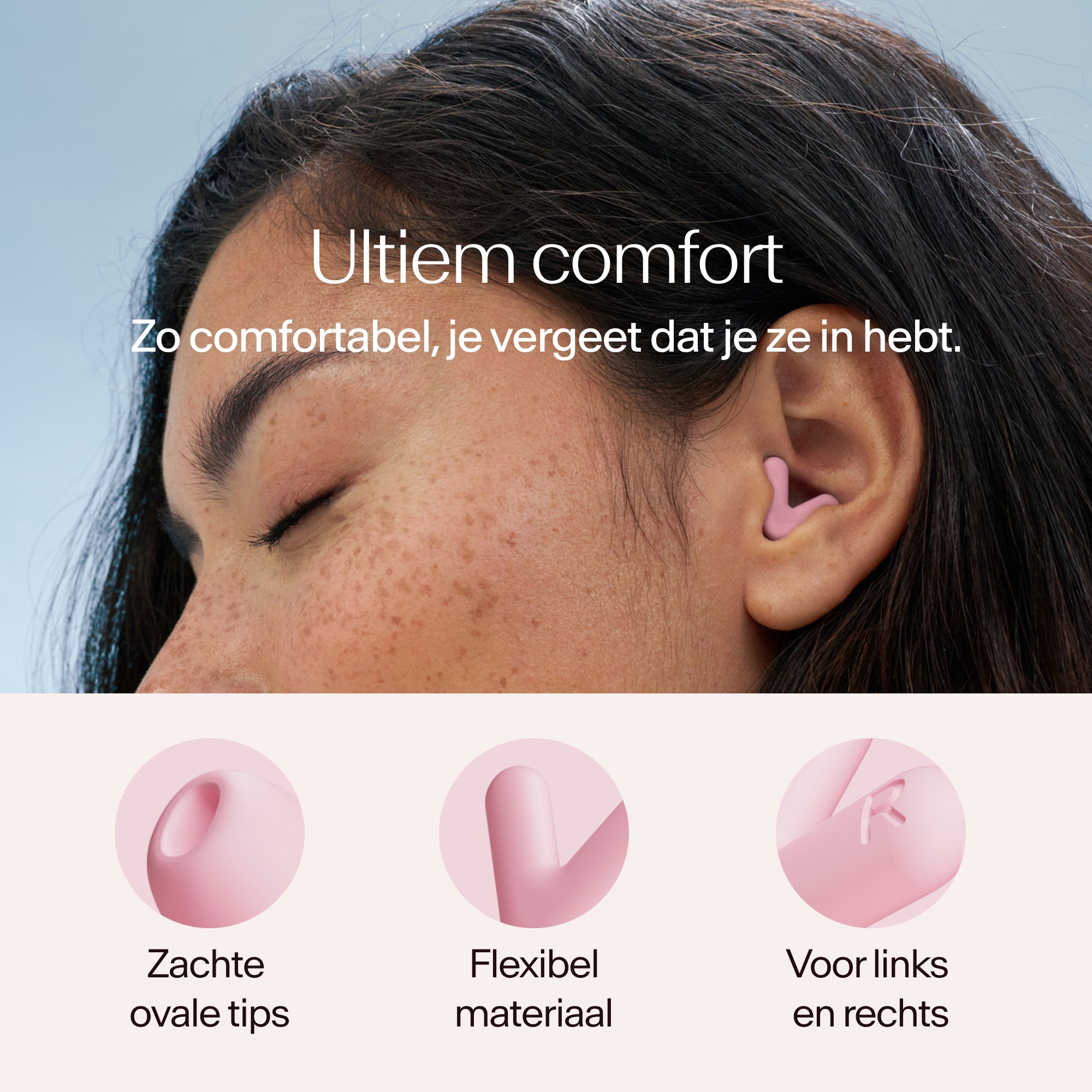 Close-up of a person wearing earplugs with text about comfort and product features #color_pink
