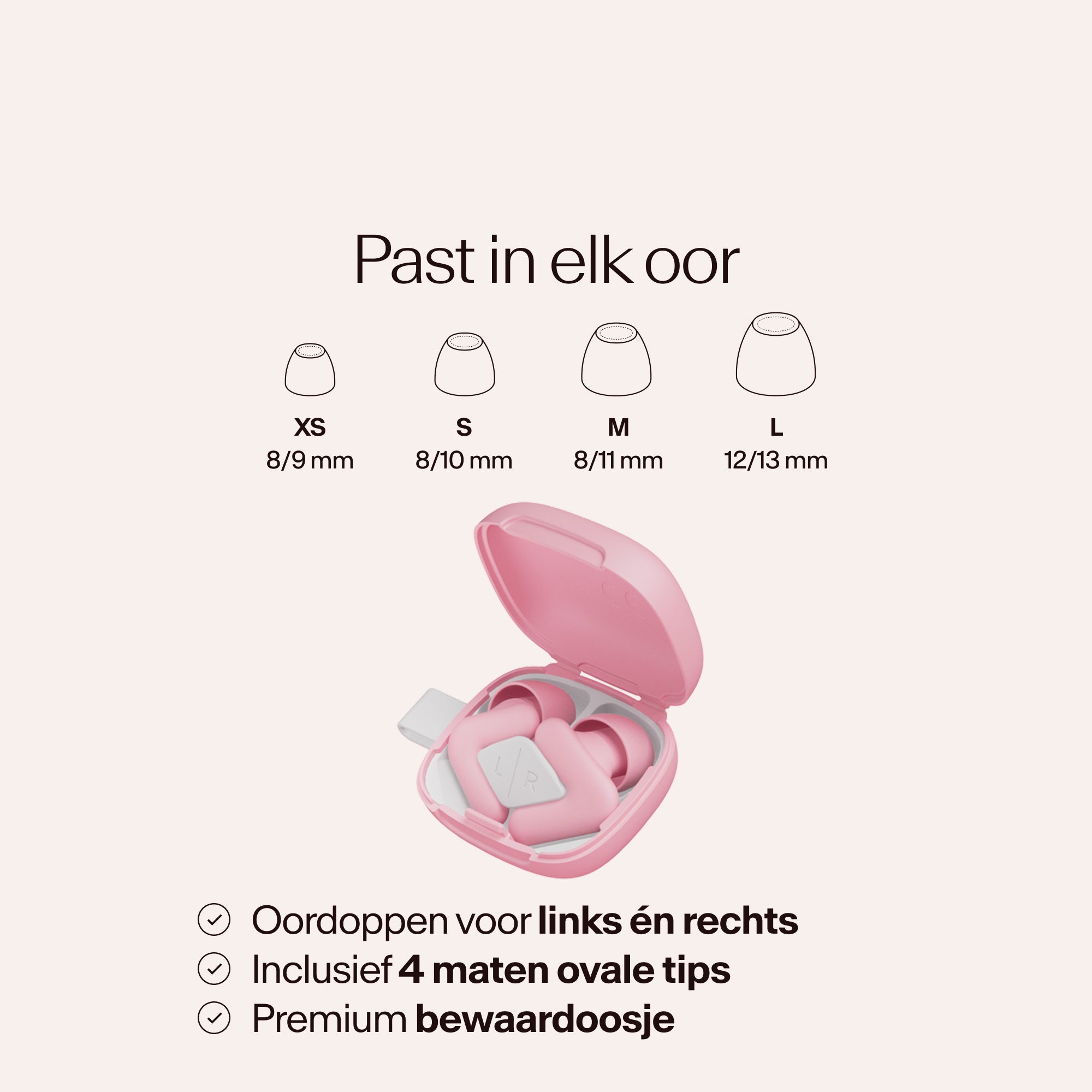 Beige earbud case with size chart on a light pink background #color_pink