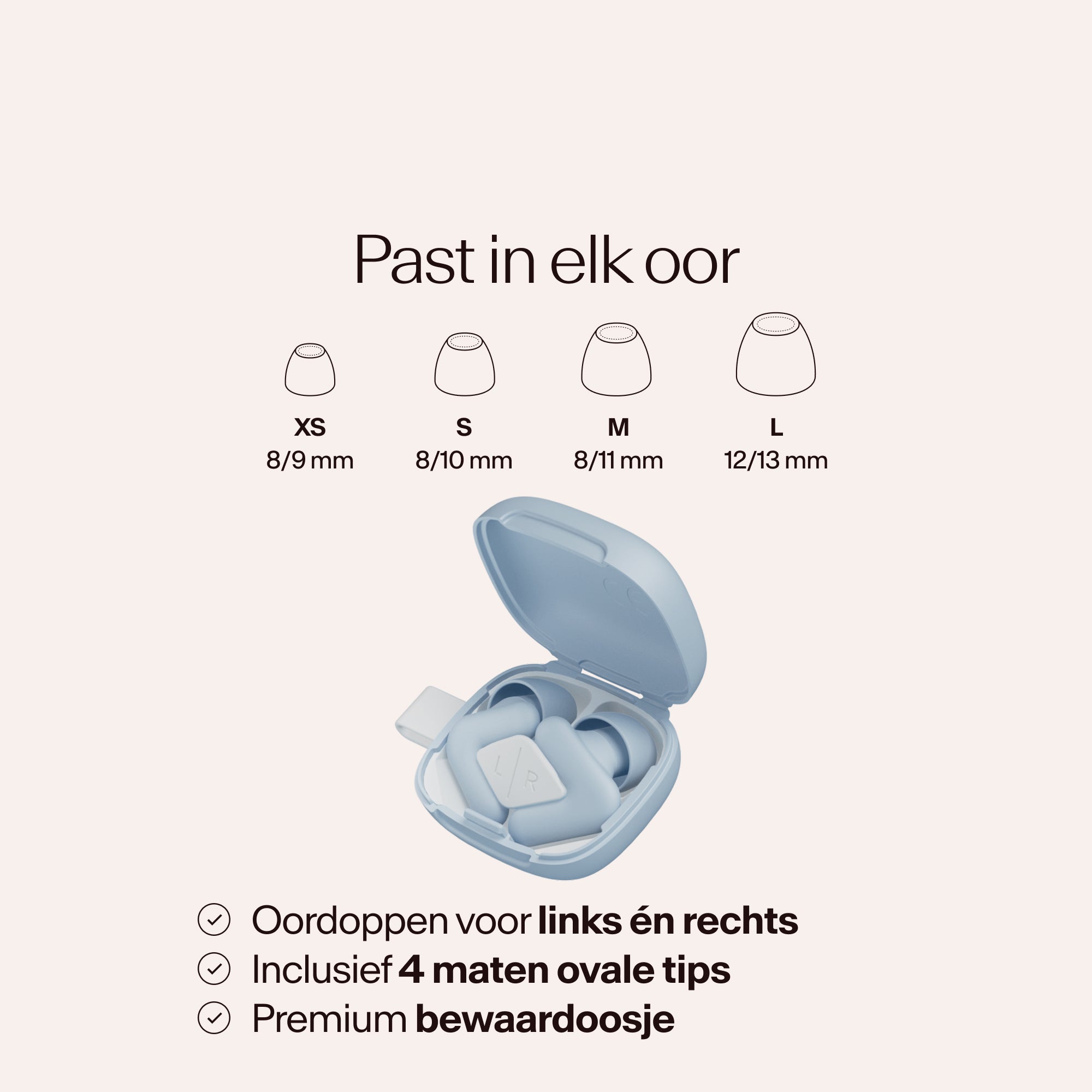 Beige earbud case with size chart on a light pink background #color_blue