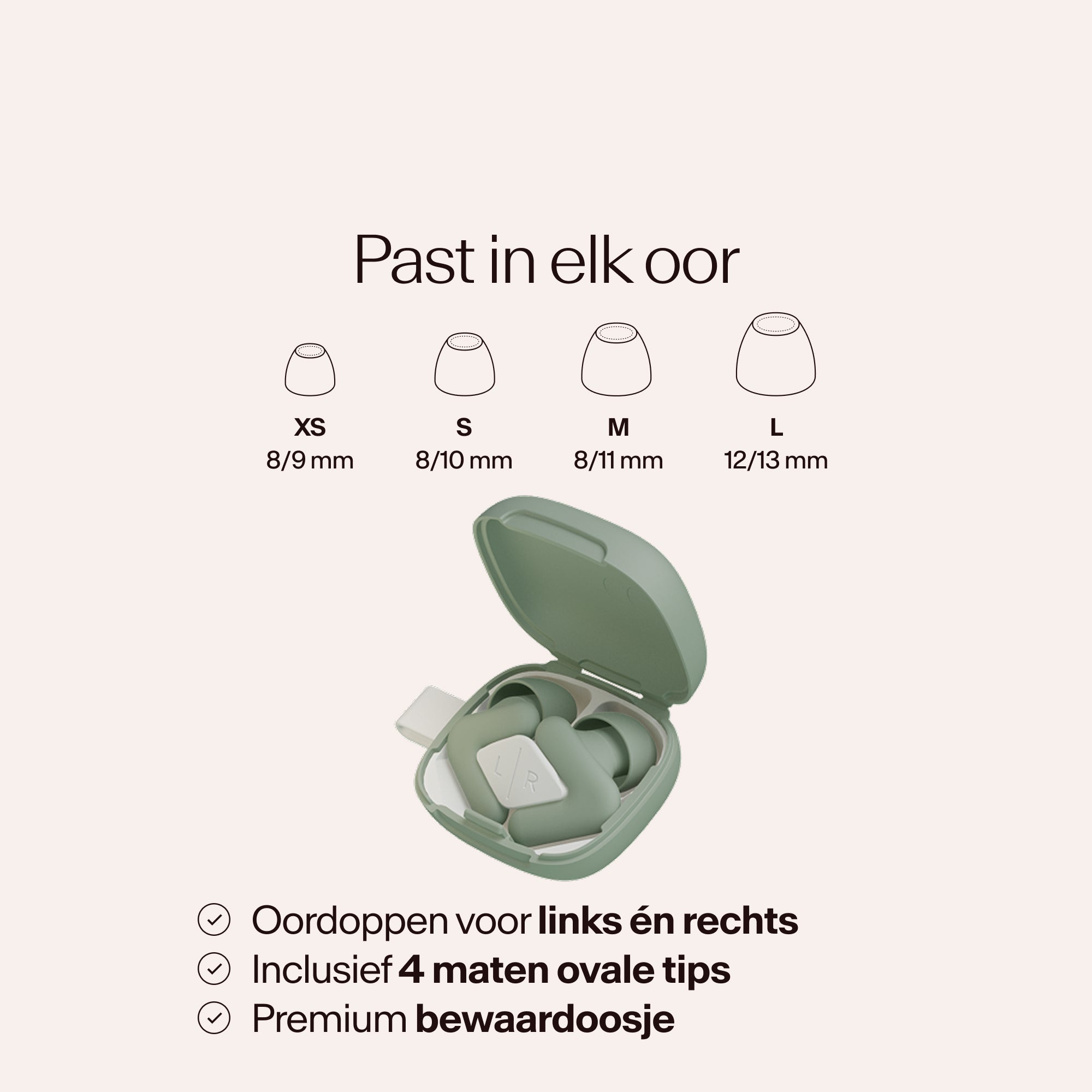 Beige earbud case with size chart on a light pink background #color_green