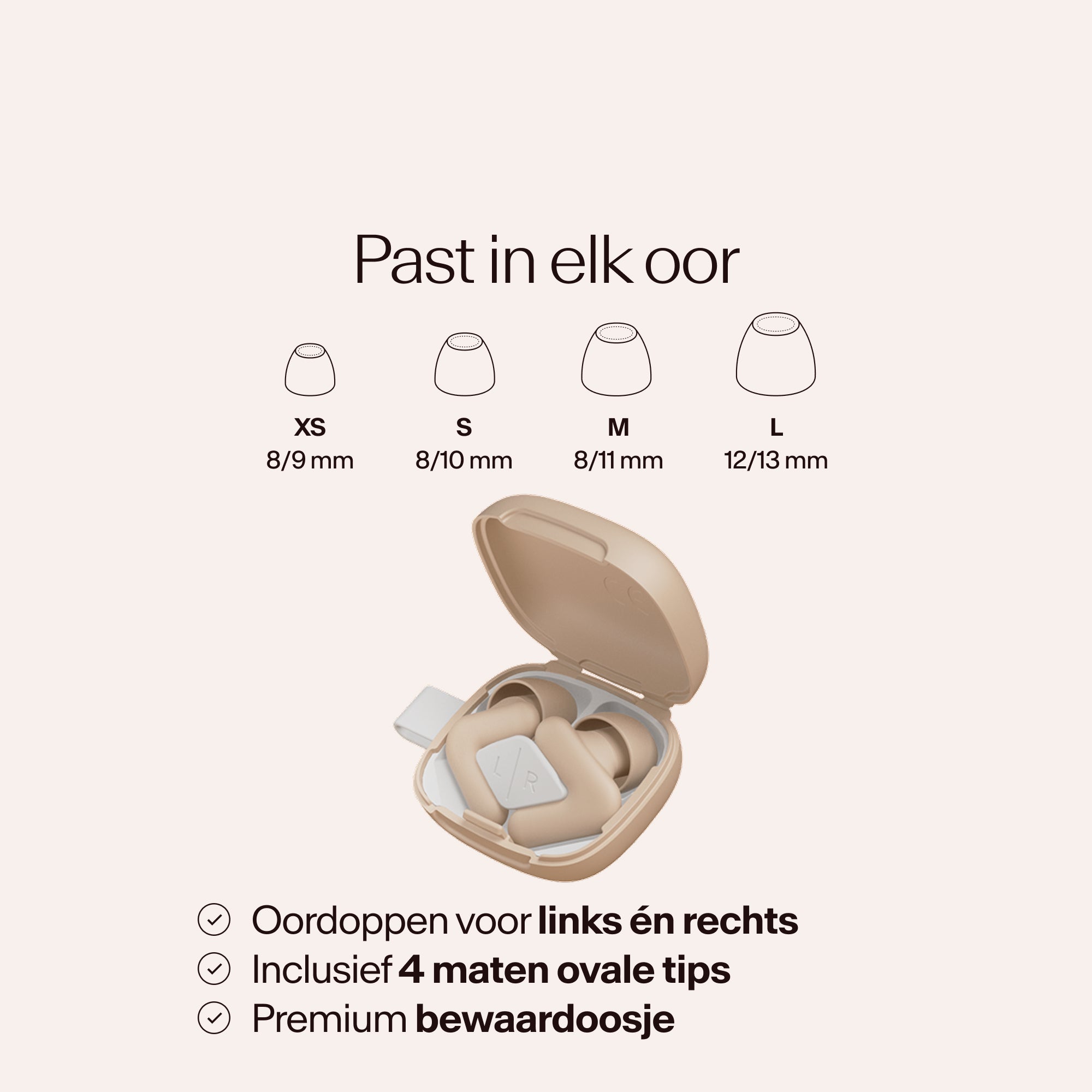 Beige earbud case with size chart on a light pink background #color_beige