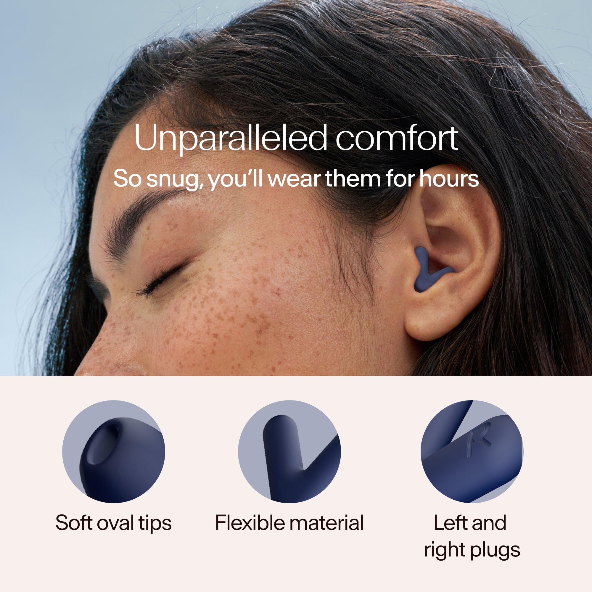 Close-up of a person wearing Alpine Silence earplugs in midnight blue, with text about comfort and product features 