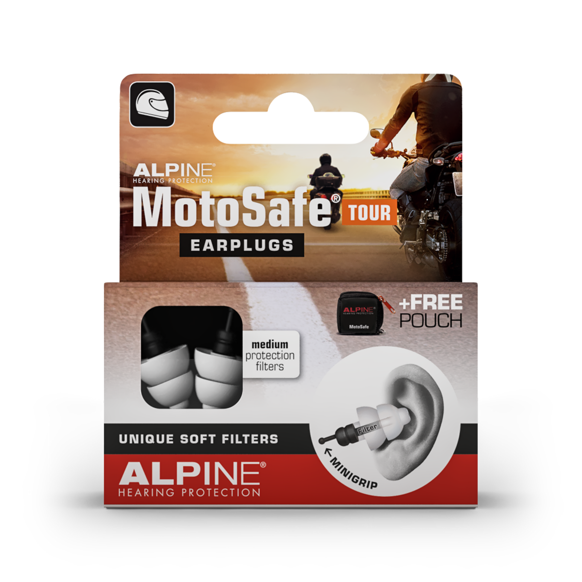 Alpine MotoSafe Tour Oordoppen voor motorrijders  Alpine hearing protection Oordoppen oorkappen beschermen uw oor red dot award Motorrijden 